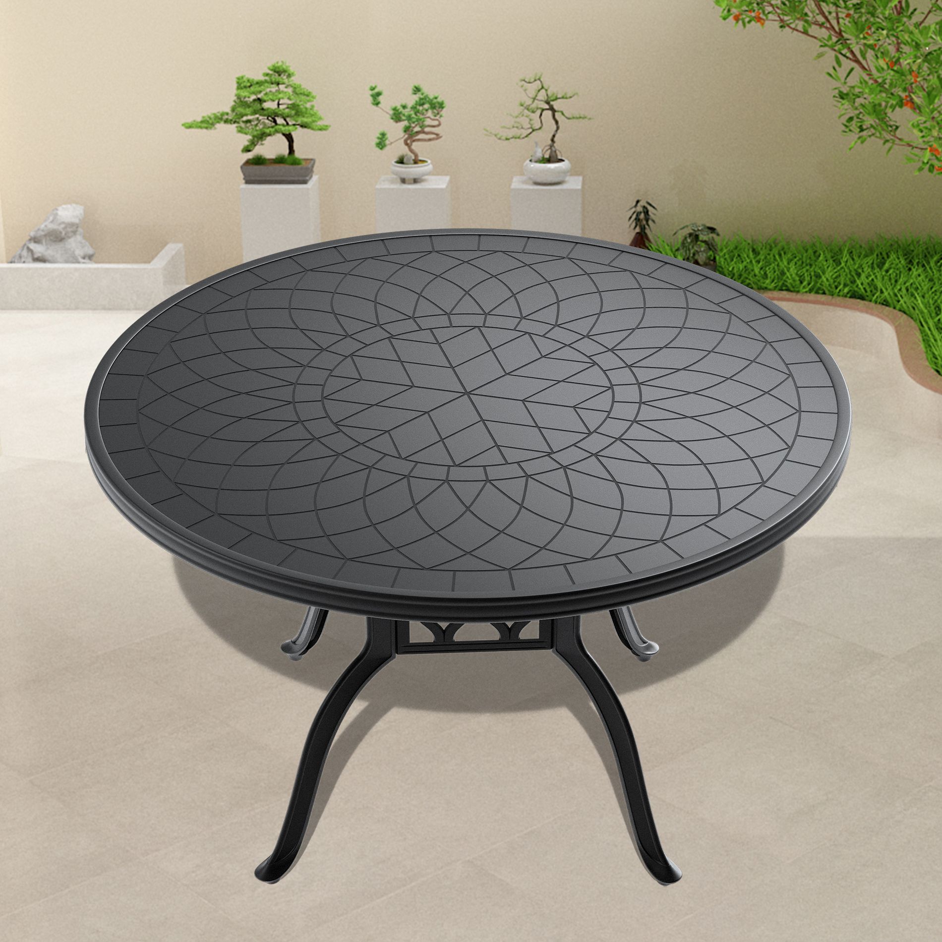 Cast Aluminum Patio Round Dining Table with Black Frame & Carved Tabletop