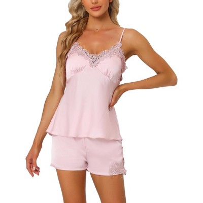 Allegra K Women's Satin Lace Trim Cami Tops with Shorts Lounge Pajama Set  Pink Medium