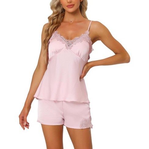 cheibear Womens Satin Lounge Lace Trim Cami Tops with Shorts Sleepwear  Pajamas Sets Pink X Small