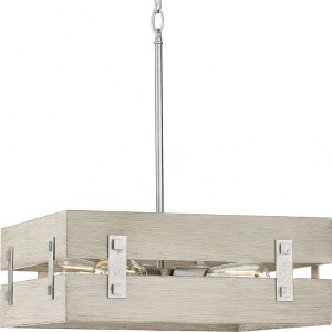 Progress Lighting, Hemsworth, 4-Light Pendant, Galvanized, Aged Oak Crate Frame, Farmhouse Design - 1 of 2