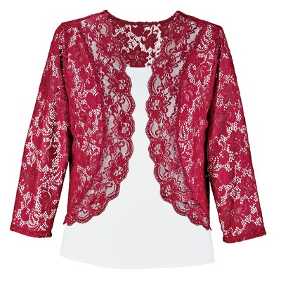 Collections Etc Stylish Scallop Trim Lace Open front Shrug with 3/4 Length Sleeves