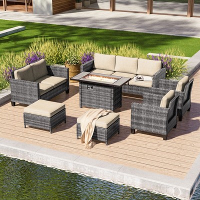 Sonkuki 7 Pieces Patio Sofa with Rectangle Fire Pit Table and Ottomans, Wicker Conversation Couch, Navy Blue Cushion
