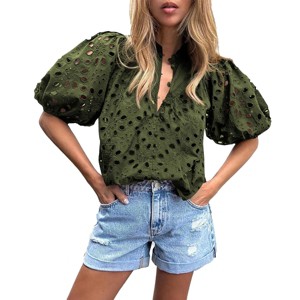 Women's Hollow Out Blouse Summer Tops Dressy Casual Short Lantern Sleeve V Neck Lace Embroidered Blouses Shirts - 1 of 4