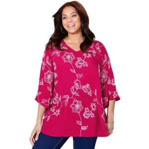 Catherines Women's Plus Size Embroidered Gauze Tunic - 1 of 4