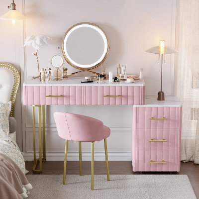 Velvet Upholstered Makeup Vanity Desk with Mirror, Makeup Vanity Table with Padded Stool, 39" Large Dressing Table with 5 Drawers for Bedroom