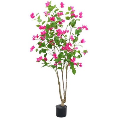150cm (4.92ft) Artificial Bougainvillea Tree with Flowers and Leaves, Realistic Faux Potted Plant in Cement Pot for Indoor & Outdoor Decor