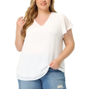 Agnes Orinda Women's Plus Size Swiss Dot V-Neck Tops with Flutter Sleeves - 1 of 4