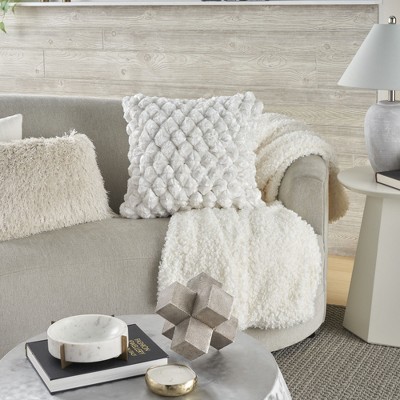White Velvet Shimmer Poms 20" Square Throw Pillow