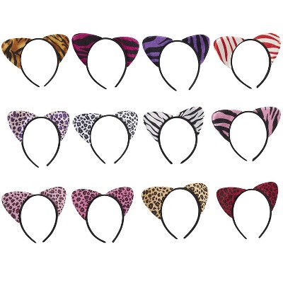 Blue Panda 12-Pack Cat Ear Headbands in Leopard & Zebra Prints for Costumes Halloween Party Favors, 12 Designs