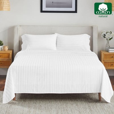 Bright White Striped Cotton Sateen California King Sheet Set