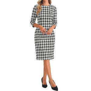 Allegra K Women's Houndstooth 3/4 Sleeve Elegant Cinched Waist Bodycon Dress - 1 of 4