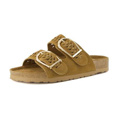 CUSHIONAIRE Cashew Slip On Suede Womens Sandals - Braided Double-Strap Design with Adjustable Big Buckle Sandals for Women