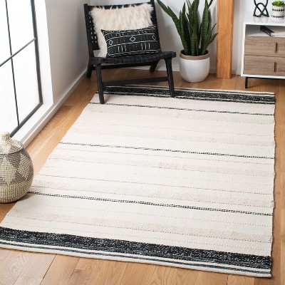 Black and White Striped Wool Cotton 4' x 6' Area Rug