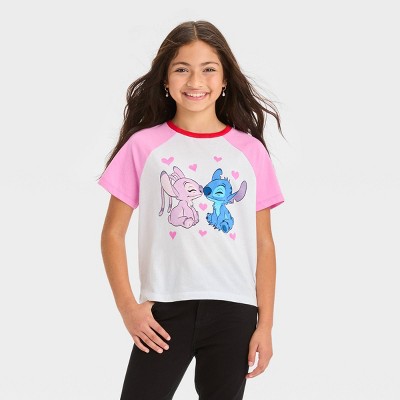 Girls' Disney Stitch Raglan Graphic T-Shirt - White/Pink S