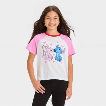 Girls' Disney Stitch Raglan Graphic T-Shirt - White/Pink
