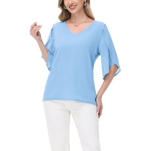 Anna-Kaci Women's V-Neck Blouse with Split Sheer Short Sleeves and Relaxed Fit Silhouette - 1 of 4