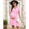 Maternity V Neck Swiss Dot Dress Summer Casual Short Sleeve Flowy Midi Dress Belt Photoshoot Baby Shower Pink L - 2 of 4