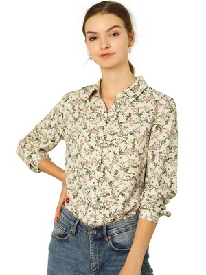 Allegra K Women's Point Collar Long Button Sleeve Button Down Floral Shirt