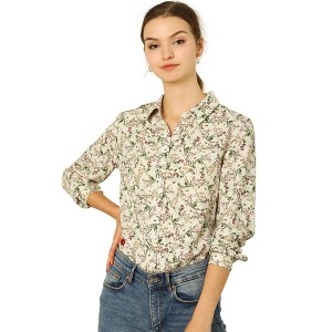 Allegra K Women's Point Collar Long Button Sleeve Button Down Floral Shirt - 1 of 4