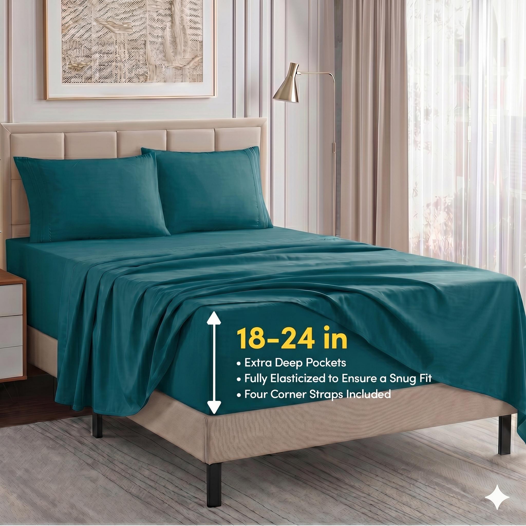 18"-24" Extra Deep Pocket, 4-Piece Bed Sheets Set - Full, Teal