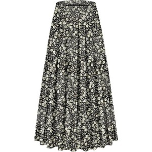 Women's Chiffon Boho Maxi Skirt - High Waist Tiered Pleated Floral A-Line Long Skirt Black White Floral - 1 of 4