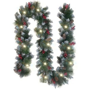 4E's Novelty 9ft Prelit Christmas Garland - Semi Snow Flocked, Warm White Lights, Ideal for Indoor/Outdoor Holiday Decor - 1 of 4
