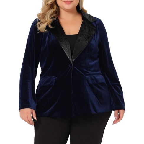Agnes Orinda Women's Plus Size Velvet Vintage Evening Sparkle Button  Contrast Notched Lapel Suit Blazers Navy Blue 1X