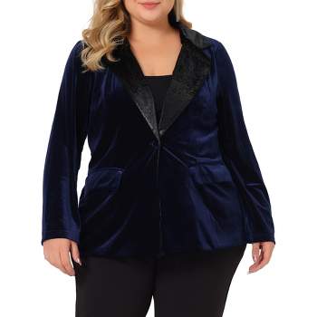 Agnes Orinda Women's Plus Size Velvet Vintage Evening Sparkle Button Contrast Notched Lapel Suit Blazers