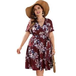 Plus Size Women's V Neck Short Sleeve Dress with Belt Flowy Casual Summer Day Dress - 1 of 4