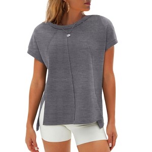 EXLURA Womens Summer Oversized Tops Short Sleeve Crewneck Waffle Shirts Casual Blouses - 1 of 4