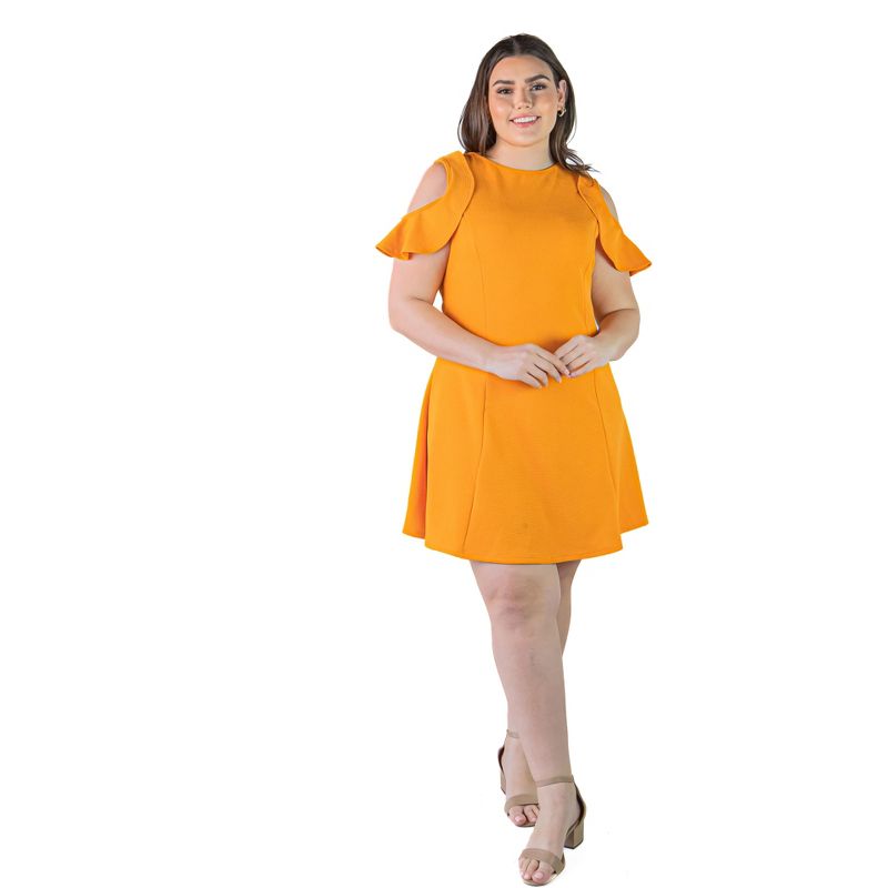 24seven Comfort Apparel Plus Size Ruffle Cold Shoulder A Line Knee Length Dress, 1 of 6