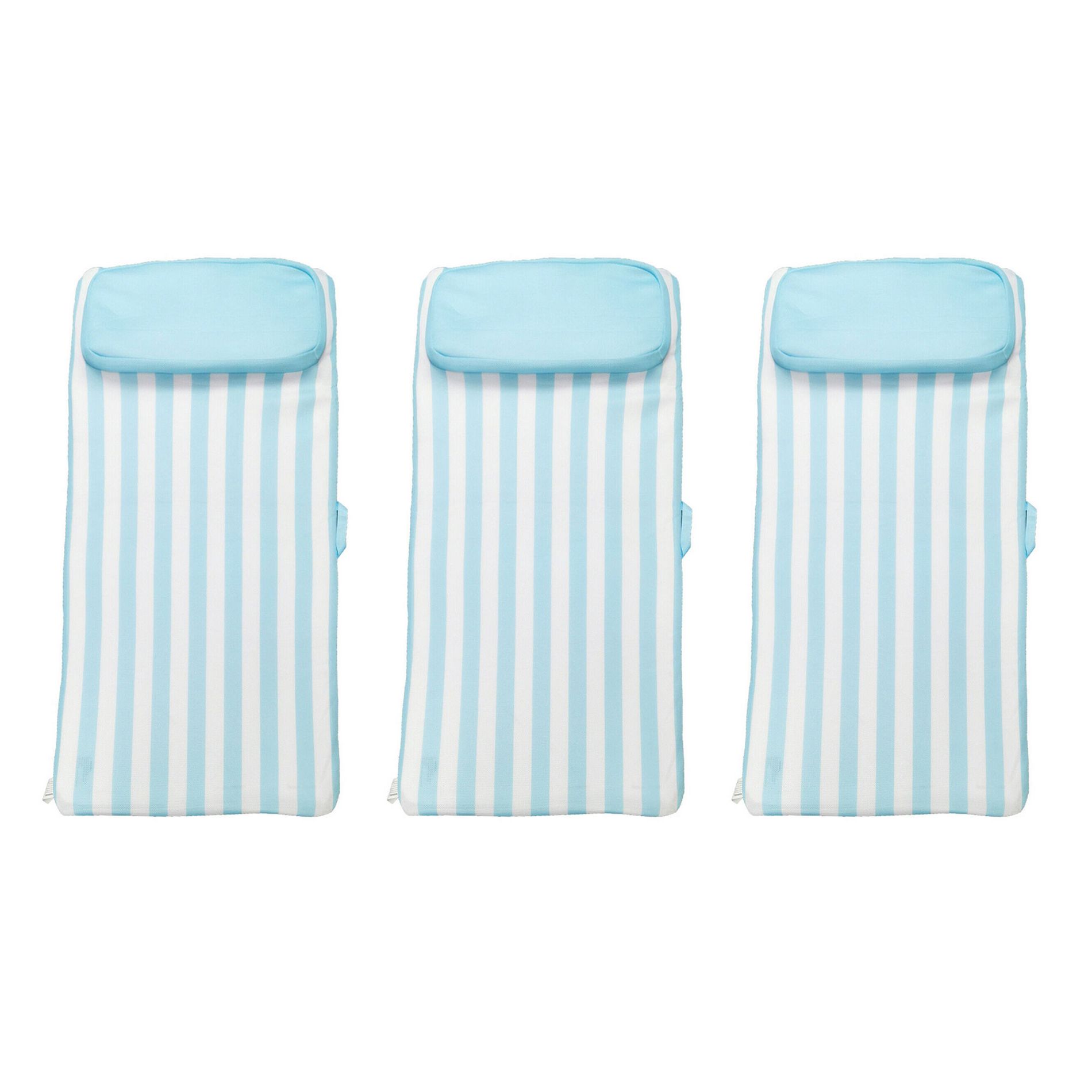 Comfy Floats No Inflate Roll Up Sun Bed Single Person Water Lounger Pool with Pillow Headrest and Removable Soft Mesh Cover, Blue/White (3 Pack)