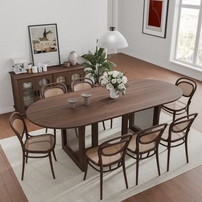 PexFix 79" x 33.5" Farmhouse Kitchen Dining Room Table Home Furniture Oval Walnut Kitchen Table with Rattan Woven Legs for Kitchen Bar Living Room