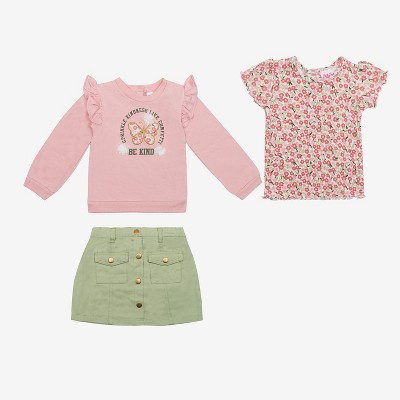 Little Lass Toddler Girls 3pc Skirt Set, Coral Blush/Reseda