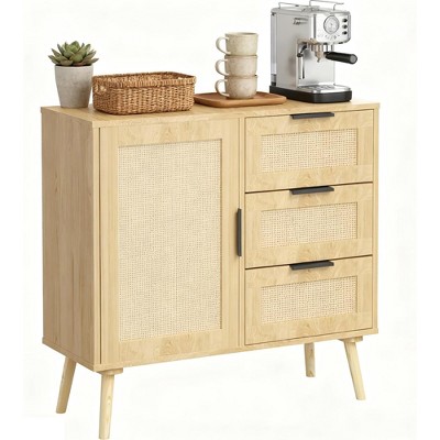 QingMoon Rattan Wood Dresser with 3 Drawers and Adjustable Shelf, Coffee Bar Cabinet with Storage, Anti-Tip Design for Living Room, Bedroom, Entryway
