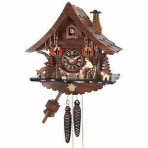 One Day Cuckoo Clock – 9.8 in – Man Chopping Wood with Deer and Hand-carved Trees By River City Clocks - 1 of 3