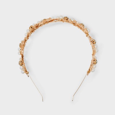 Leaf Headband with Stone and Pearls - Gold: Hair Styling Accessory for All Hair Types