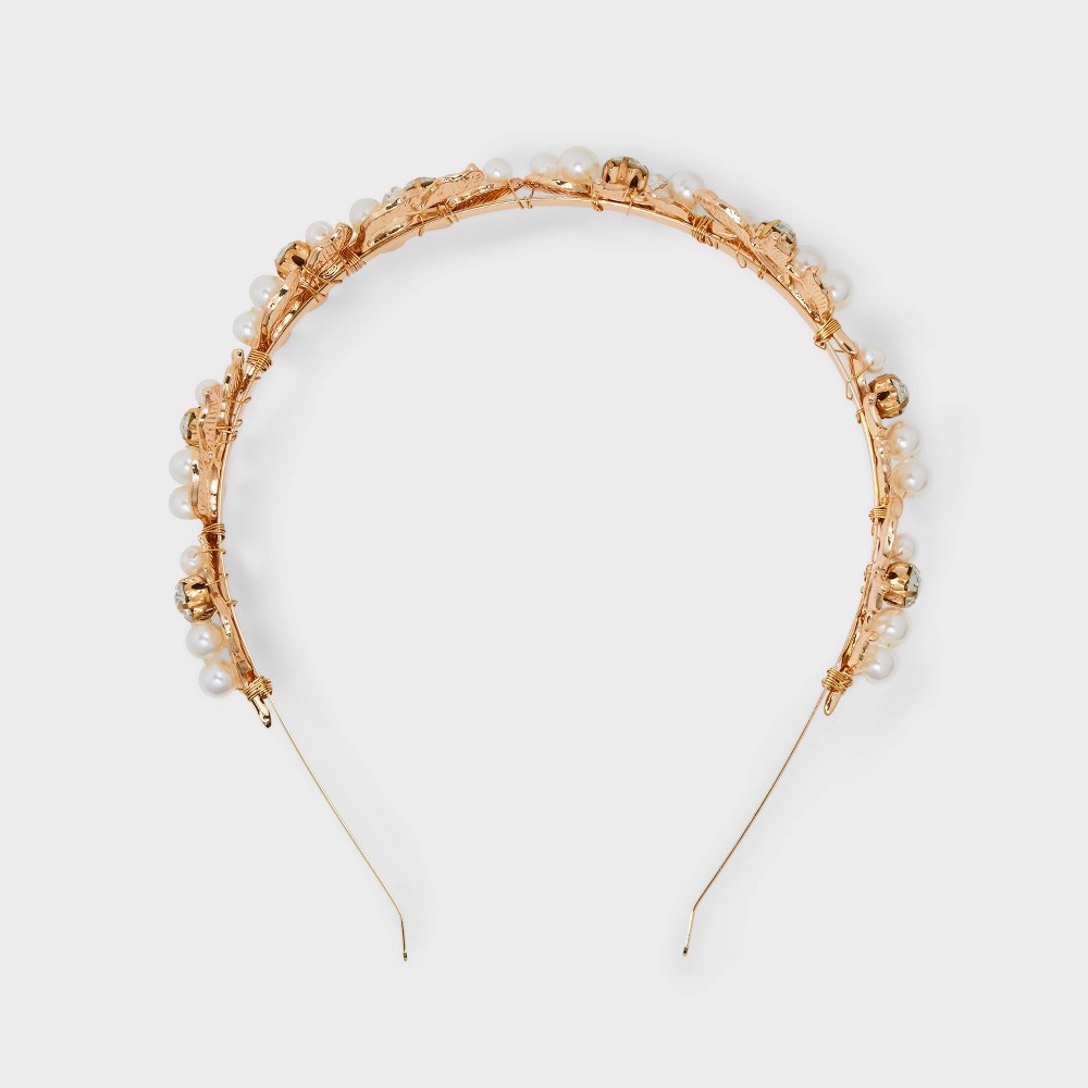 Leaf Headband with Stone and Pearls - Gold