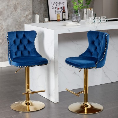Velvet Swivel Bar Stools Set Of 2, Adjustable Bar Stools Counter-to-Bar Height Stools with Nailhead Trim, Tufted Back, Gold Legs-Maison Boucle
