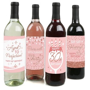 Big Dot of Happiness 30th Pink Rose Gold Birthday Party Decorations for Women and Men Wine Bottle Label Stickers 4 Ct - 1 of 4