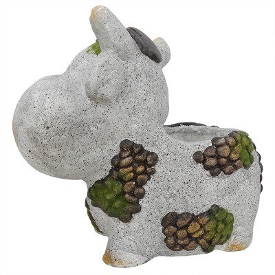 Gray Ceramic Smiling Cow Novelty Outdoor Planter with Drainage Hole