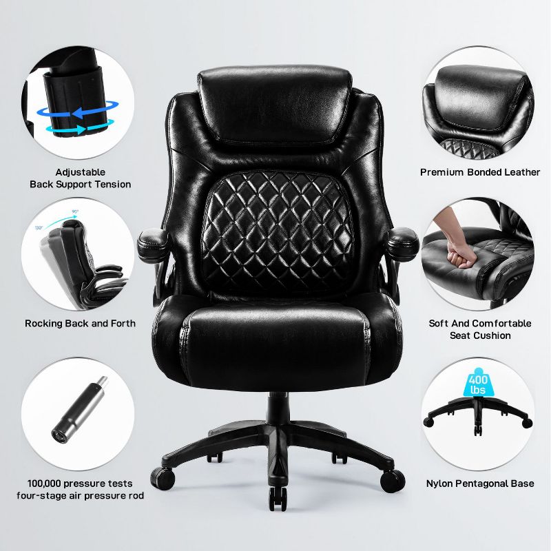Big & Tall 400lb Ergonomic Leather Office Chair Executive Desk Chair Padded Flip Up Armrest Computer Chair Adjustable Height High Back-The Pop Home, 3 of 10