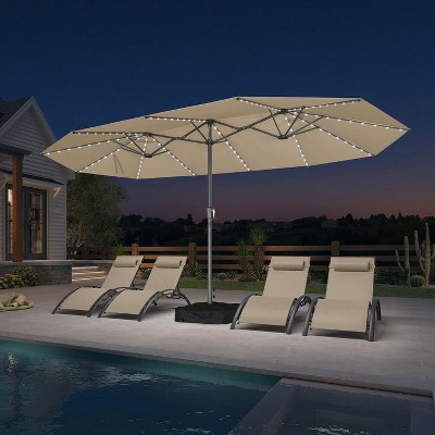 PURPLE LEAF 14ft Patio Market Umbrella and Base Double-Sided Rectangle Outdoor Table Sun Umbrellas with Crank Beige
