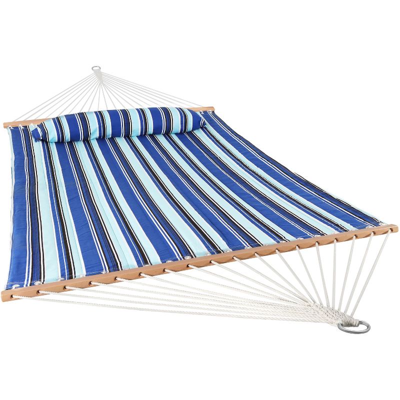 Sunnydaze Outdoor 2-Person Double Polyester Quilted Hammock with Wood Spreader Bar and Matte Blue Steel Multi-Use Stand - Catalina Beach, 5 of 9