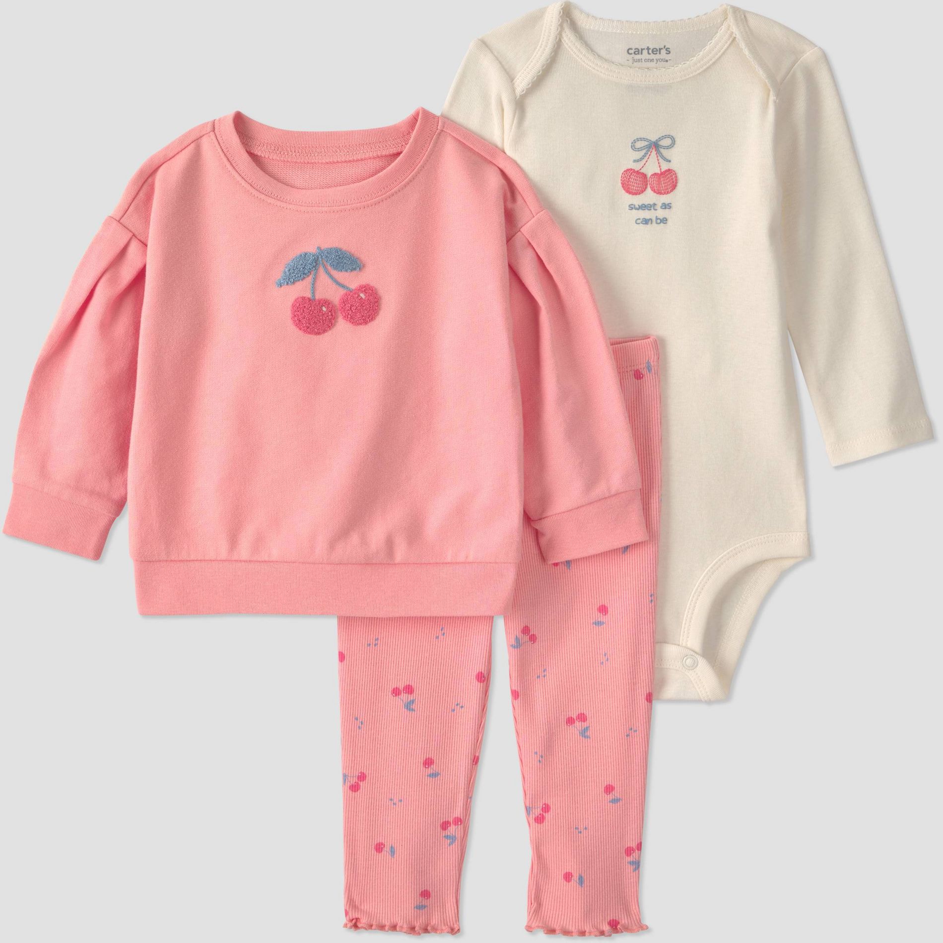 Carter's Just One You® Baby Girls' 3pc Cherry Sweatshirt with Long Sleeve Bodysuit and Leggings Set - Pink