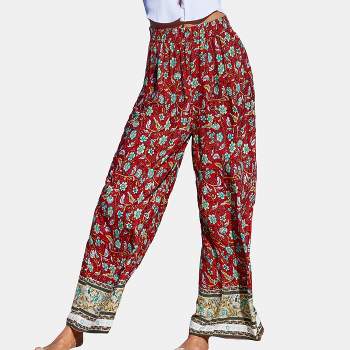  TERNEZ Women's Pants Pants for Women Damask Print Wide Leg Pants  (Color : Red, Size : Small) : Clothing, Shoes & Jewelry