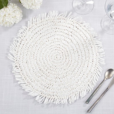 White Round Raffia Fringe Placemats, 14-inch Set of 4