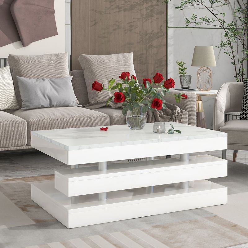 Modern 2-Tier Coffee Table with Silver Metal Legs, Rectangle Cocktail Table with High-gloss UV Surface-ModernLuxe, 2 of 15