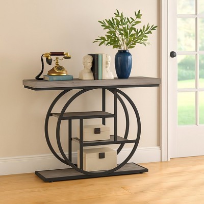 Chic Crate 41.3″ Industrial Console Table, 4‑Tier Narrow Accent Table with Circle Metal Frame & Storage Shelves – Grey
