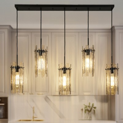 LNC Echonalyri 5-Light  59.7" Luxury and Glam Oversized Linear Kitchen Island Penant Lights, Black with Smoked Textured Glass Shades